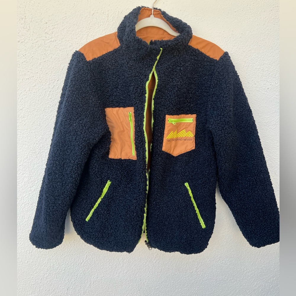 Reversible Blue / Brown Pile Sherpa Fleece Full Zip Heavy Size XS Unisex